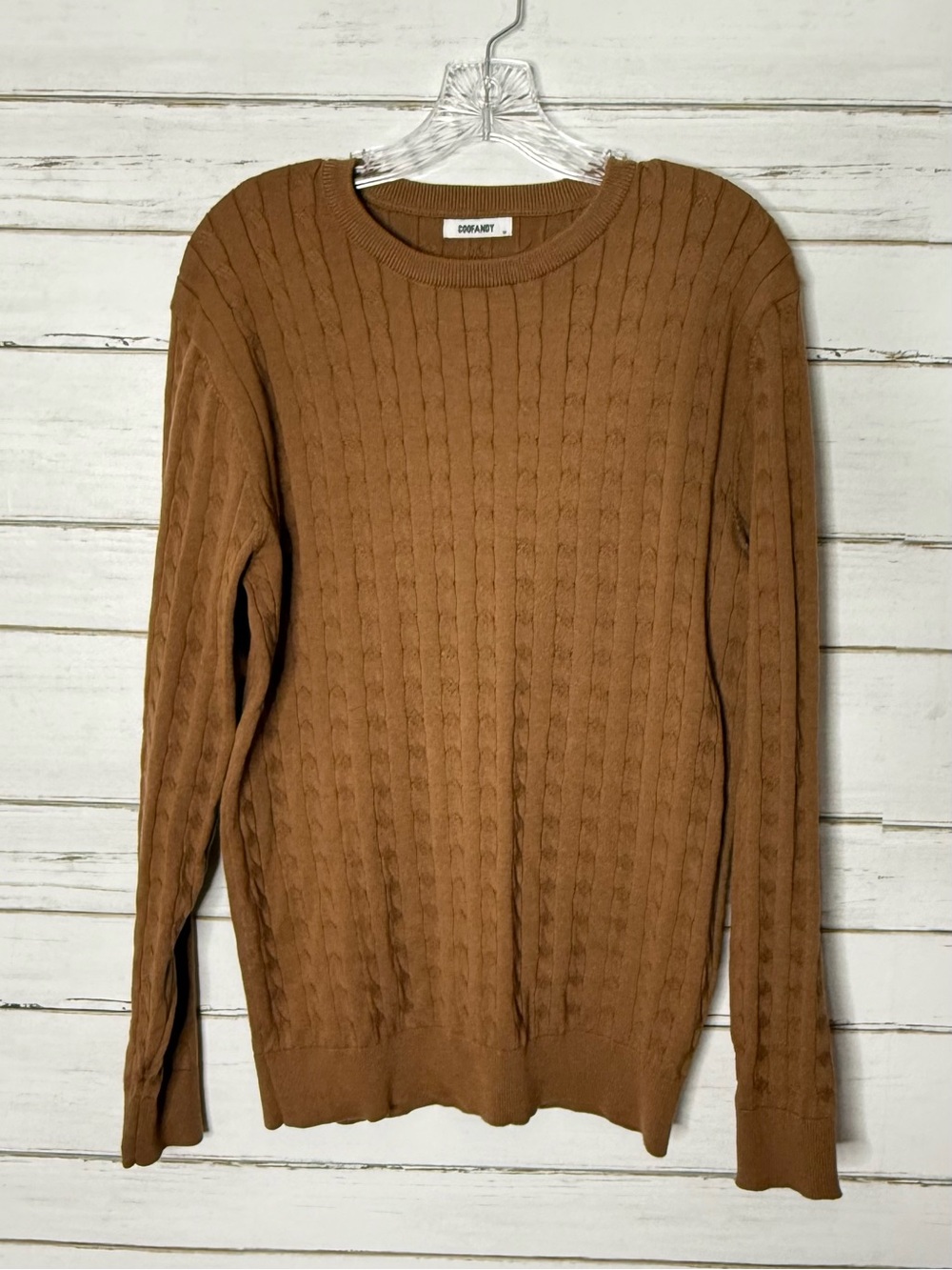 COOFANDY Men’s Brown Cable Knit Crewneck Sweater